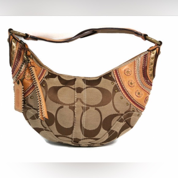 Coach Bags Coach Signature Stitched Grommet Studded Brown Canvas